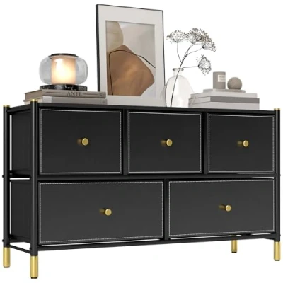 Image of HOMCOM Chest of Drawers, 5 Drawer Fabric Dresser with PU Leather Surface, Steel Frame, Storage Organizer Unit for Bedroom, Living Room, Hallway, Closet, Easy to Assemble, Black
