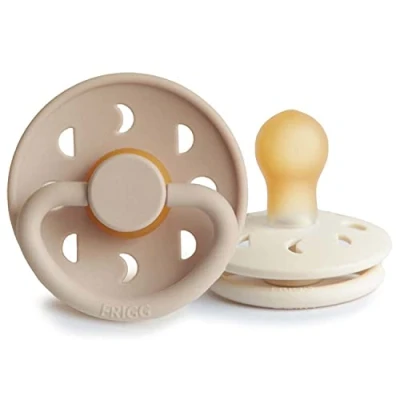 Image of FRIGG Moon Phase Latex Pacifier Pack of 2 Natural Rubber Soother Dummy BPA Free Made in Denmark Symmetrical Cherry Shaped Nipple (Cream/Croissant, Size 1 (0 6 Months))