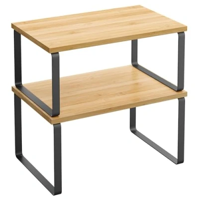 Image of SONGMICS Spice Rack, Set of 2 Cupboard Shelf Organiser, Expandable Kitchen Stackable Holder, Metal and Engineered Wood, Black Natural KCS02NB