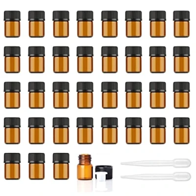 Image of Alledomain 36Pcs, 1Ml Amber Glass Essential Oils Bottles, Empty Mini Bottles with Orifice Reducers Black Caps Refillable Sample Container for Lab Chemicals Perfume Cosmetic Liquid