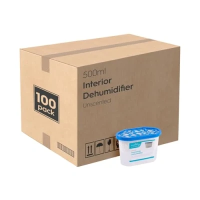 Image of Ashley Dehumidifier 500ml Pack of 100 Unscented Interior Condensation Moisture Remover Mildew Absorber for Damp, Mould, Kitchen, Caravan, Car, Home, Bedroom, Wardrobe, Garage, Bathroom, Basement