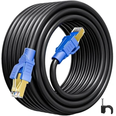 Image of Ethernet Cable 10m Cat 8, High Speed Internet 10m, Long Network Wlan Patch Wifi Black SFTP Shielded RJ45 LAN for Router (10 Clips)