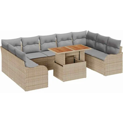 Image of vidaXL 10 Piece Garden Sofa Set with Cushions Beige Poly Rattan Acacia