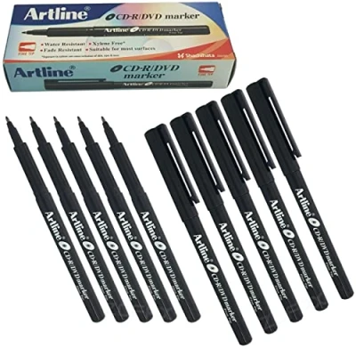 Image of artline Permanent Marker Pens, BLACK, Fine Tip, Pack of 10, Multipack, Fineline Smooth Surface Water Fade Resistant Ink