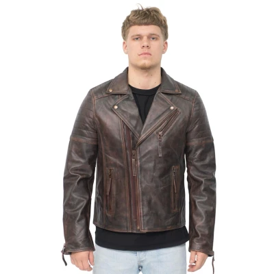 Image of Men&#039;s Brown Slim Fit Brando Style Double Cross Zip 100% Leather Biker Jacket L