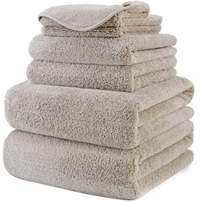 Image of POLYTE Plush Quick Dry Lint Free Microfibre Bath Towel Set, 6 Pieces (Beige)