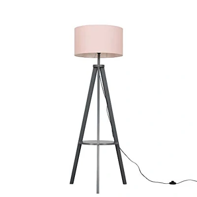 Image of Modern Grey Wood Tripod Design Floor Lamp with Storage Shelf &amp; Pink Drum Shade