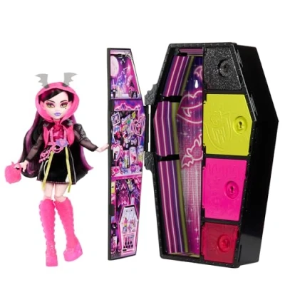 Image of Monster High Doll and Fashion Set, Draculaura Doll, Skulltimate Secrets: Neon Frights, Dress Up Locker with 19+ Surprises, HNF78