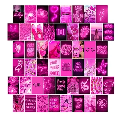 Image of WOONKIT Pink Wall Collage Kit, Neon, Hot Room Decor, Bedroom Decor for Teen Girls, Aesthetic, Poster, Girl Pink, 50pcs 4x6 Inch