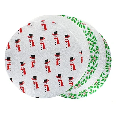 Image of Culpitt Silver Selection Christmas Cake Boards, 10&quot;, Snowman and Holly Festive Themed, 3mm x 254mm 5 Pack