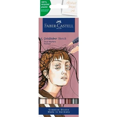 Image of Faber Castell Goldfaber Sketch Marker Portrait 164812 Pack of 6 Alcohol Markers with Brush Tip and Fineliner