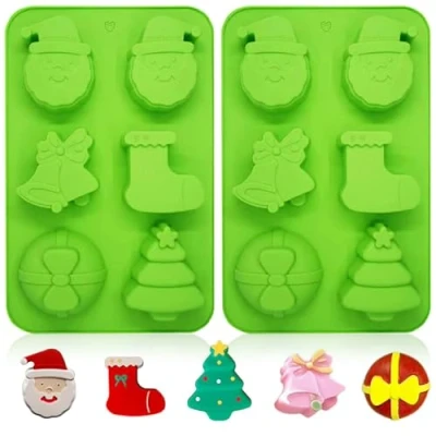 Image of YJDM Christmas Silicone Mouds, 2PCS Large 6 Cavities Tree Snowman Socks Bells Cake Moulds Soap Candy Chocolate Muffin Jelly Trays Baking Molds for New Year Xmas Decoration