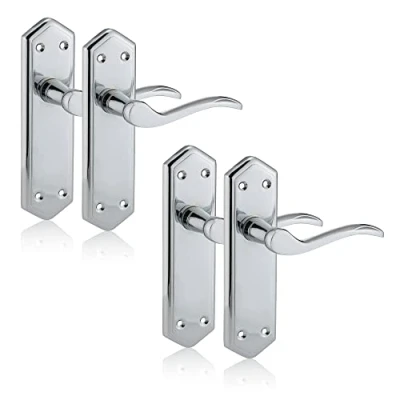 Image of XFORT Chrome Elegance Range Polished London Suite Lever Latch Handles, Long Backplate Door Contemporary Design for Internal Wooden Doors (2 Pairs)