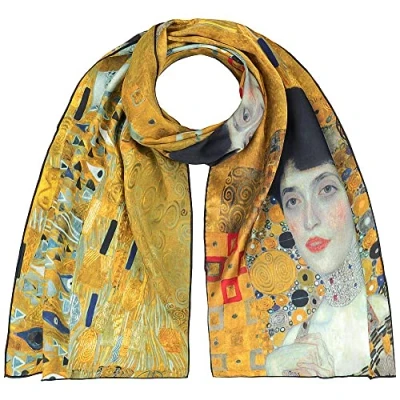 Image of VON LILIENFELD Long Scarf Silk Art Motif Women Gustav Klimt Adele Lightweight Precious Processing