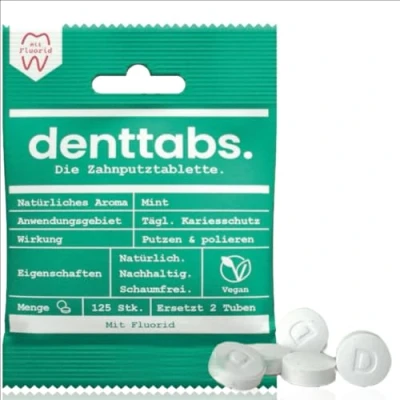 Image of denttabs Teeth Cleaning Tablets with Fluorid Pack of 125 The Full fledged Alternative to Toothpaste, Mint Vegan Plastic Free Without preservatives. in Original compostable Bag