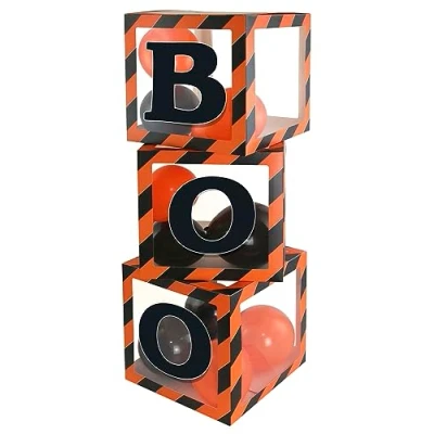 Image of Eurowrap 3 Halloween Balloon Boxes Boo Scary Orange and Black Decoration Includes 12 Balloons Adhesive Stickers