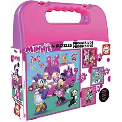 Image of Educa 17638 Mickey &amp; Friends Top Start Briefcase Progressive Puzzles Minnie The Happy Helpers (12 16 20 25), Cranberry