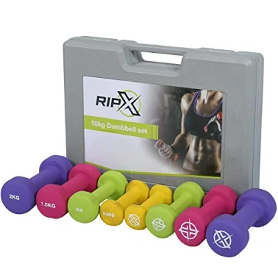 Image of RIP X 10kg Dumbbell Multi Colour Neoprene Soft Touch Hand Weight Set with Carry Case 0.5kg 1kg 1.5kg 2kg