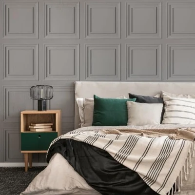 Image of Fresco Grey Wood Panelling Wallpaper Paste The Paper Traditional Square Panelled Suitable for Any Room 4 Wall or Feature Design Cover Small Cracks and Imperfections