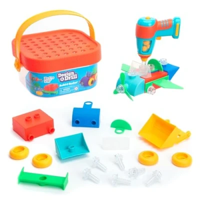 Image of Learning Resources Design &amp; Drill Build It Bucket STEM Toy, 41 Pieces with Electric Travel Toys for Boys Girls, Ages 3+
