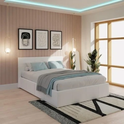 Image of GFW Classic Leather Upholstered Ottoman Storage Bed With Gas Side Lift &amp; Under Storage, Small Double, White