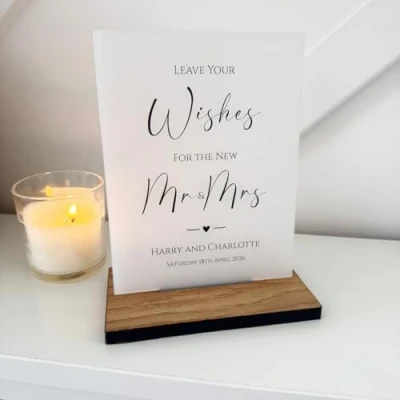 Image of Luck and Personalised Modern Guest Book Wedding Sign, Opaque Acrylic Leave Your Wishes Table Mr Mrs Reception Decoration A5