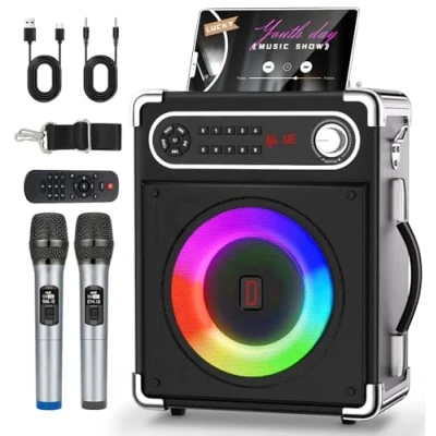 Image of voijump Karaoke Machine, Portable Bluetooth 5.1 Speaker with Two Wireless Microphones &amp; Bass/Treble Adjustment, PA System Remote Control, Party Lights, Supports TF Card/USB