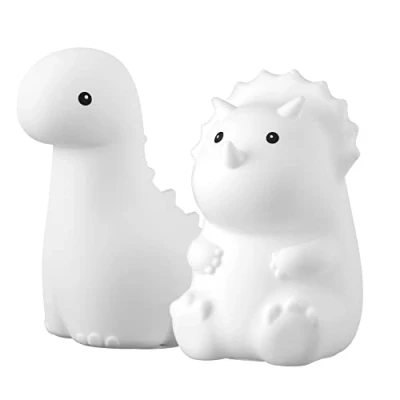 Image of Globe Electric 13360 6&quot; Triceratops and 9&quot; Brontosaurus Dinosaur Duo Multicolor Changing Integrated LED Rechargeable Silicone Night Light, White, Table Lamp, Tap Room Décor, Home Décor