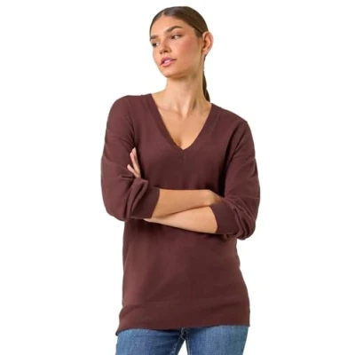 Image of Roman Originals V Neck Jumper for Women UK Ladies Boyfriend Fit Slouch Sweater Winter Autumn Textured Casual Flattering Knit Pullover Knitwear Daywear Lightweight Lounge Chocolate Size 16