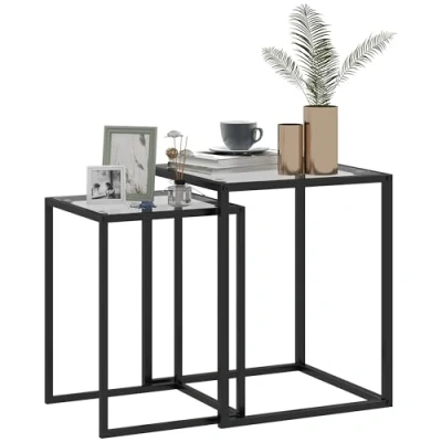 Image of HOMCOM Nesting Tables Set of 2, Side End Table with Tempered Glass Top and Steel Frame for Living Room, Bedroom, Black