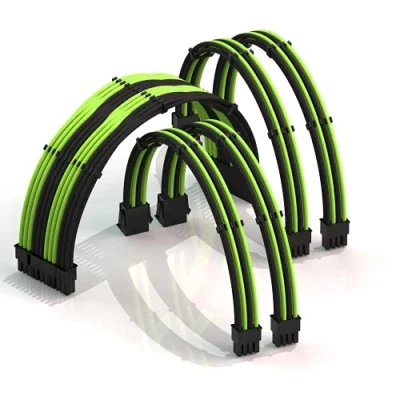 Image of LINKUP 30cm Super Soft and Flexible PSU Cable Extension Sleeved Custom Mod GPU PC Braided w/Comb Kit┃1 x 24 P (20+4)┃2 8 (4+4) CPU┃2 (6+2) set┃300mm BlackGreen