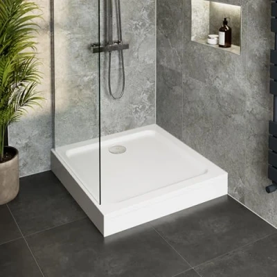 Image of Hydrolux® 1000 x 140mm White Bathroom Shower Tray for Enclosures Cubicles &amp; Wet Room with Waste + Riser Kit, Square