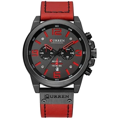 Image of PASOY Mens Leather Strap Watches Chronograph Classic Black Casual Dress Stainless Steel Case Waterproof Date Analog Quartz Multifunction Military Watch, Red, sports fashion