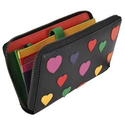 Image of VISCONTI Womens Large Zip Around Purse with Hearts RFID Protection Black LV5