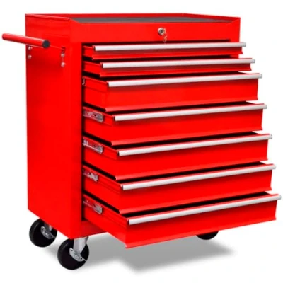 Image of vidaXL Steel Workshop Tool Trolley Red, Organise Tools, 7 Sliding Drawers, Robust Countertop, Mobile with Brakes