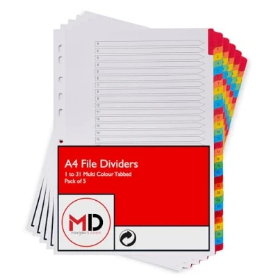 Image of A4 1 31 File Dividers with Coloured Numbered Index Tabs Multi Hole Punched and Reinforced Subject Divider Pack of 5