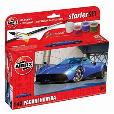 Image of Airfix Starter Set A55008 Pagani Huayra Model Building Kit Plastic Car Kits for Adults &amp; Children 8+, Includes Decals, Humbrol Acrylic Paints, Brushes Poly Cement 1:43 Scale