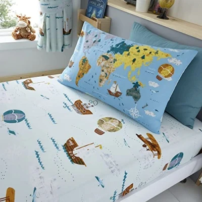 Image of Girls Boys Kids World Explorer Blue Toddler Cot Bed Reversible Extra Pair Of Pillow Cases