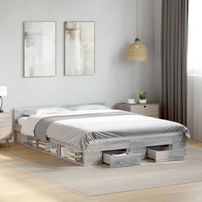 Image of vidaXL Grey Sonoma Engineered Wood Bed Frame with Drawers Modern Bedroom Furniture, 120x200 cm Base, Sturdy Slats, Storage Solution