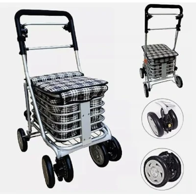 Image of 6 Wheeled Sit &amp; Go Shopping Trolley with Adjustable Handle Height Hand Break Seat Mobility Walker Foldable and Easy to Carry Rollator