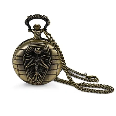 Image of JewelryWe Vintage Pocket Watch Novelty Skull Skeleton Quartz Necklace for Halloween Xmas