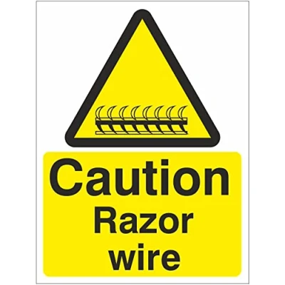 Image of Pack of 5 x Caution Razor Wire Signs 150mm 200mm Rigid Plastic
