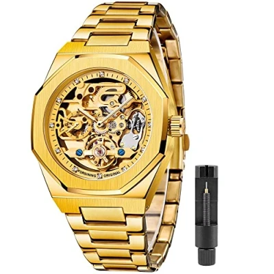 Image of Mechanical Mens Watches Fashion Automatic Male Clock Blue Stainless Steel Waterproof Business Skeleton Watch…, gold, Quartz Watch,Mechanical,Self winding