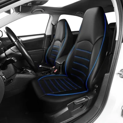 Image of TOYOUN Classic Universal PU Leather Car Front Seat Covers High Back Bucket Cover Fit Most Cars, Trucks, SUVS, or Vans 2 PCS Blue Auto Set Protector for All Seasons