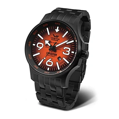 Image of Vostok Europe Men&#039;s Watch with Solid Stainless Steel Link Bracelet expedition North Pole 1 Automatic YN55 Date 20 ATM, black / orange,