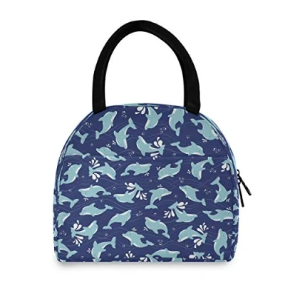 Image of Hunhuni Lunch Tote Bag Sea Animal Cute Dolphin Pattern, Insulated Reusable Box Container for Kids Boys Girls School Office Travel Picnic