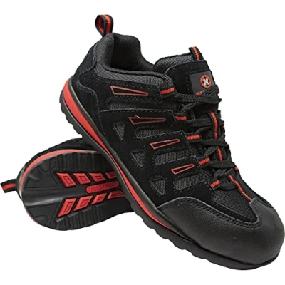 Image of Mens Safety Boots Leather Steel Toe CAPS Ankle Trainers Hiking Shoes Size 6 13UK (7, Black/RED)