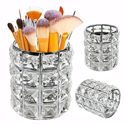 Image of Makeup Brush Holder Eyebrow Comb Cosmetics Organizer Silver Jewelry Storage Box Crystal Bling Beads Bucket Round Candle Cup Pencil Pen Container Desktop Decoration Dressing Table Accessories