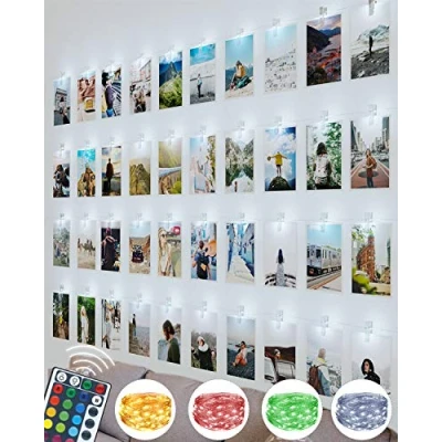 Image of litogo 100LED Dimmable Photo Clip String Lights with Remote, 10M Waterproof Peg Fairy 60 Clips Battery Powered Cooper Wire Hanging Frames for Bedroom Wedding Party Xmas