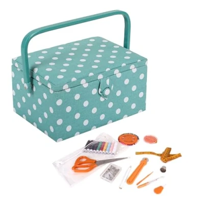 Image of Hobby Gift Filled Sewing Box Craft &amp; Storage, Basket with 94 Piece Kit Included, Medium, Spotty Duck Egg, 18.5 x 25.5 14.5cm